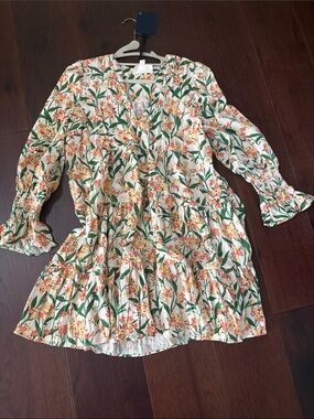 Tuckernuck Pomander Place Kenzo Cream Floral Tiered Dress with Green Leaves